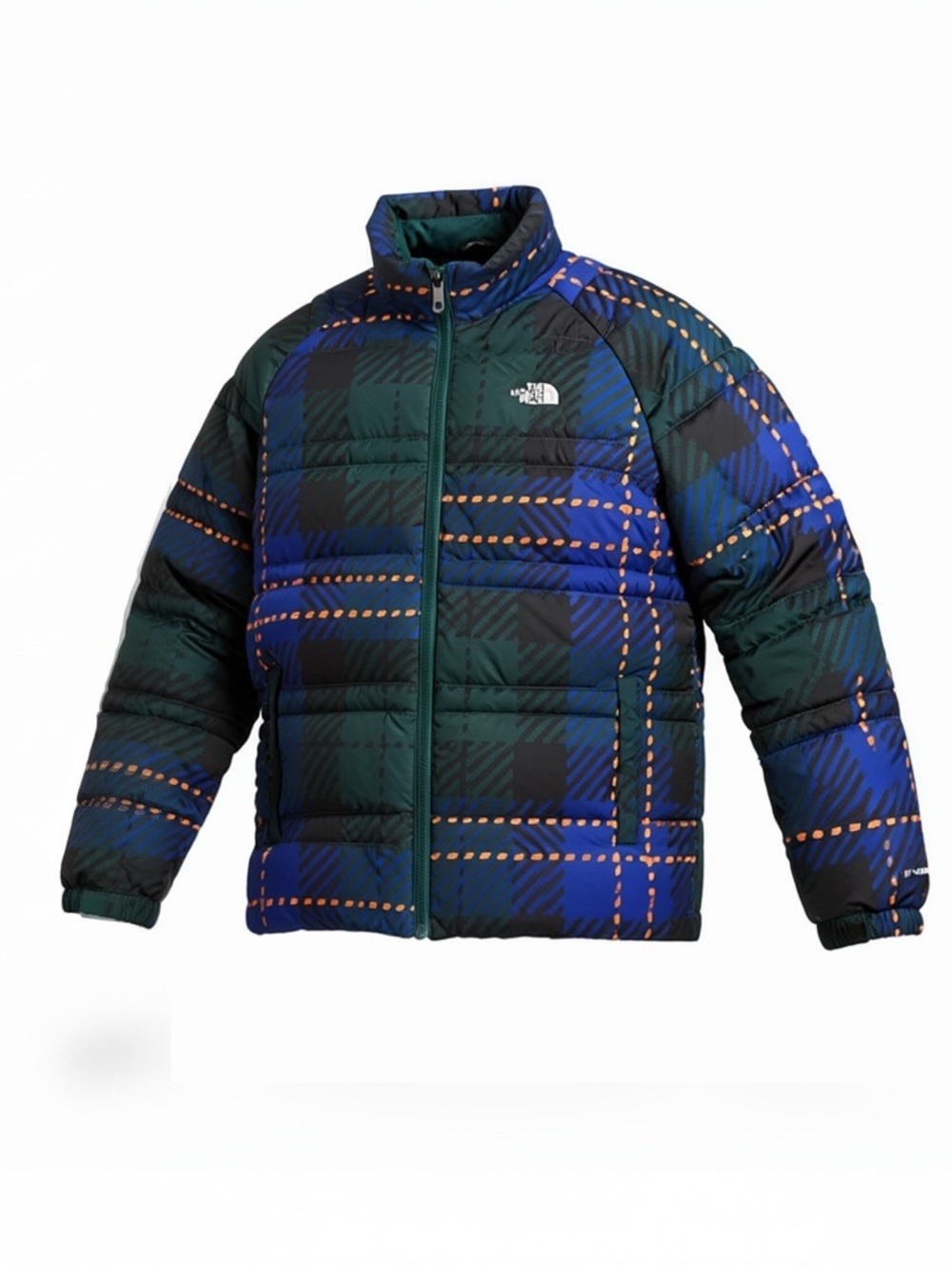 The North Face Kids' Green & Blue Plaid Puffer Jacket with Orange Stitch Accents